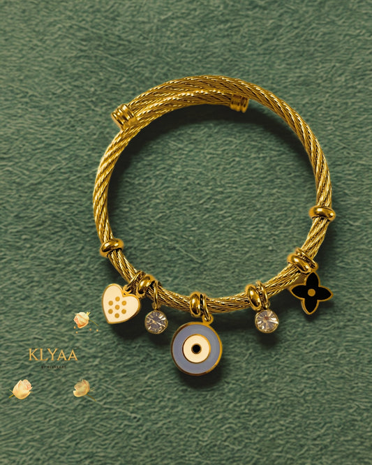 Evil Eye Adjustable Gold Charm Bracelet with Crystal & Heart Charms – KLYAA Designer Jewellery