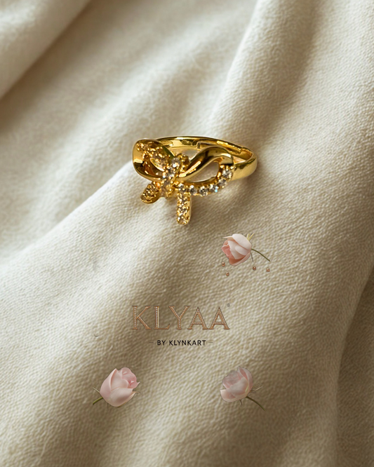 Gold bow anti-tarnish adjustable ring with CZ stones by KLYAA