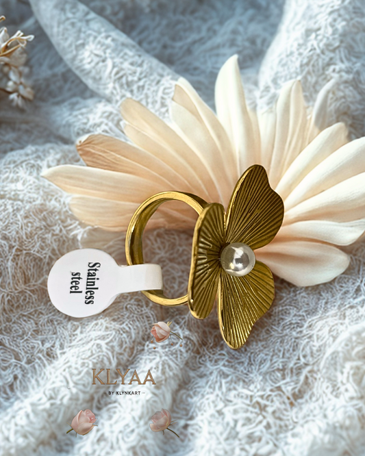 KLYAA Golden Bloom Pearl Ring in Anti-Tarnish Floral Gold Finish with Central Faux Pearl Accent