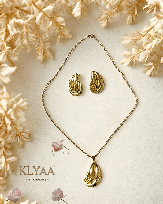 KLYAA Golden Bloom Pendant Set with Chain and Matching Earrings in Anti-Tarnish Gold Finish