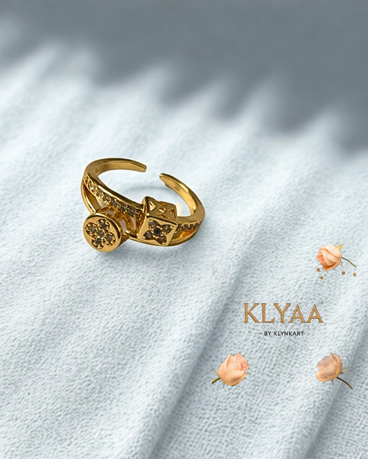 KLYAA Stellar Spark Gold Ring with crystal-studded twin charms - Premium adjustable anti-tarnish ring