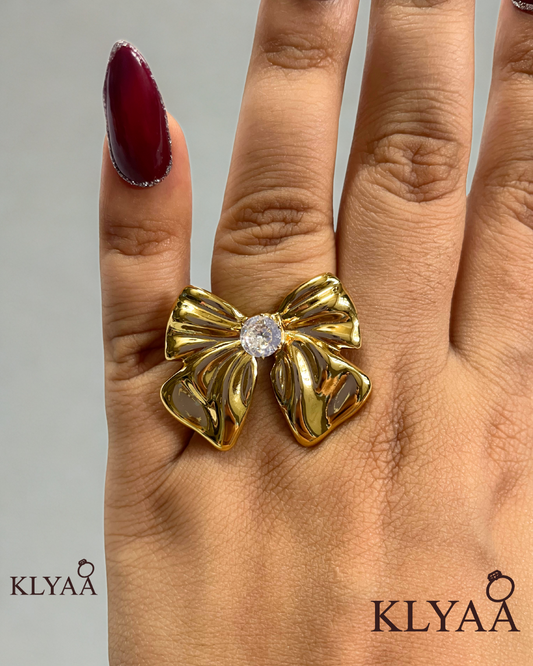 KLYAA 18K Golden Bow Luxe Ring- Anti Tarnish