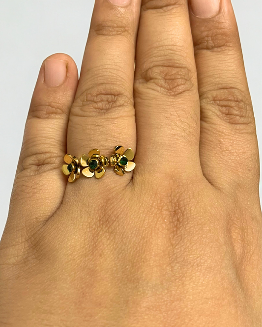 KLYAA 18K Bloom Trio Ring – gold plated anti-tarnish floral design with green stone accents