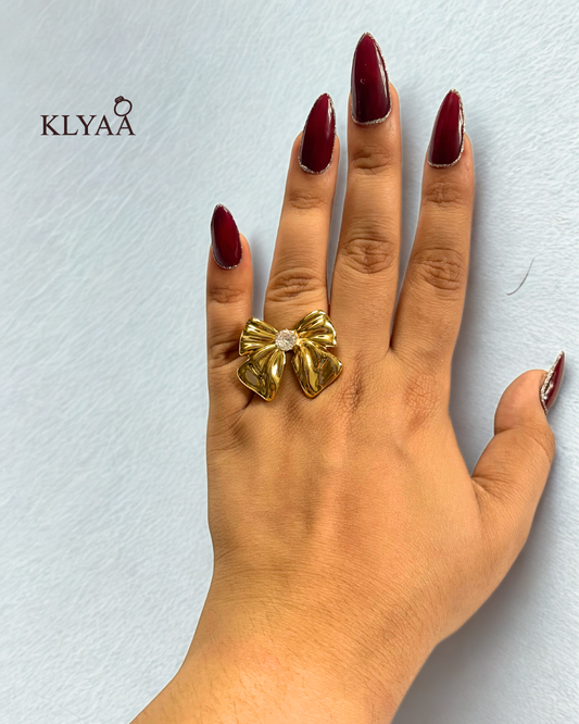 KLYAA 18K Golden Bow Luxe Ring- Anti Tarnish