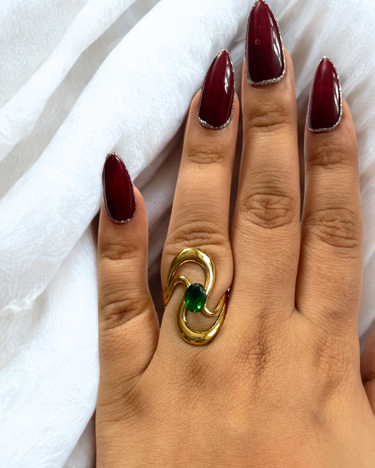 KLYAA 18K Emerald Glow Ring – gold plated anti tarnish stainless steel ring with green stud
