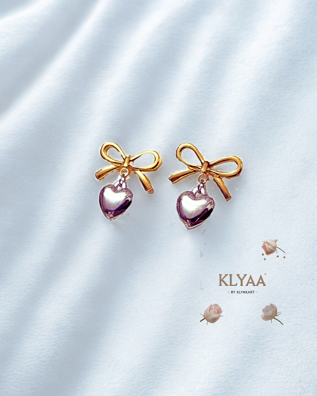 Amora Belle Heart Drop Earrings by KLYAA – Gold Bow and Heart Studs