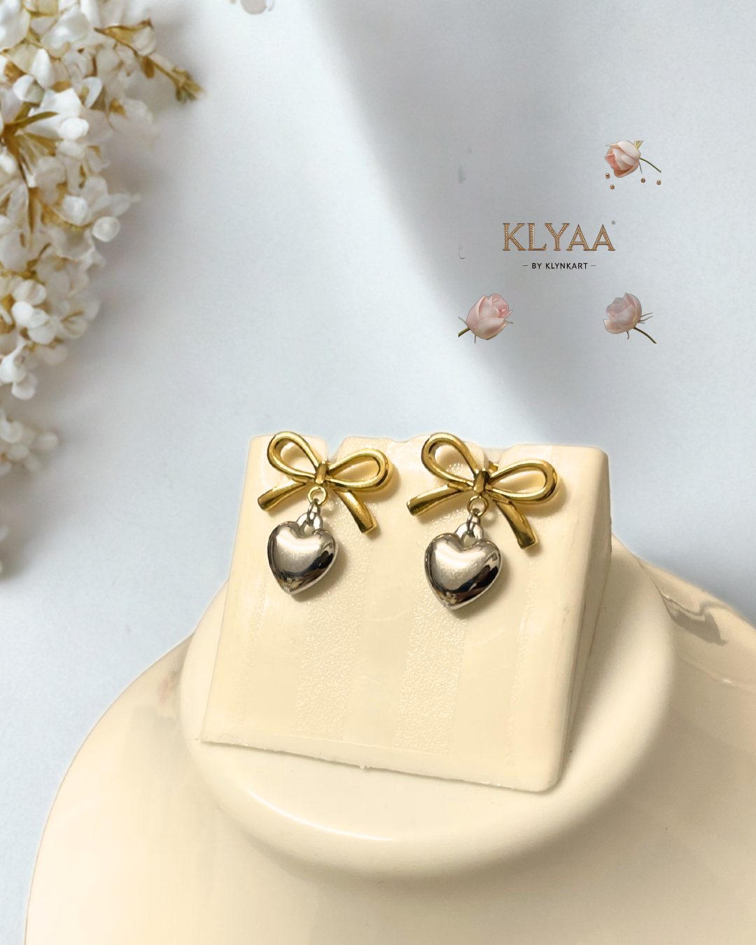 Amora Belle Heart Drop Earrings by KLYAA – Gold Bow and Heart Studs