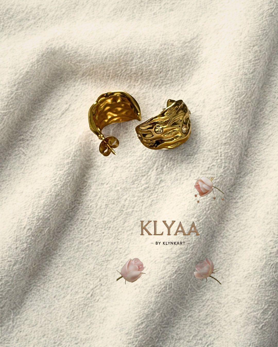 Aurora Luxe Crater anti-tarnish Stud Earrings by KLYAA – Molten Gold Half-Hoops with Crystal Embellishments