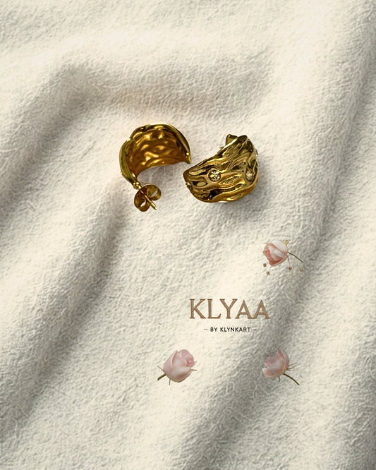 Aurora Luxe Crater anti-tarnish Stud Earrings by KLYAA – Molten Gold Half-Hoops with Crystal Embellishments