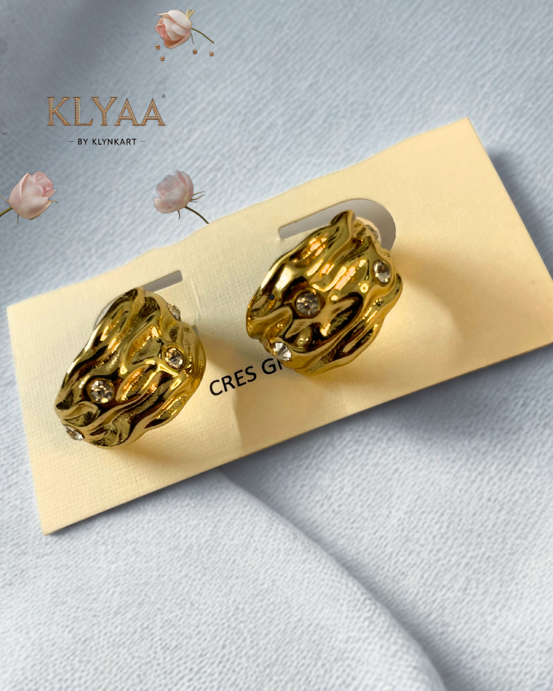 Aurora Luxe Crater anti-tarnish Stud Earrings by KLYAA – Molten Gold Half-Hoops with Crystal Embellishments