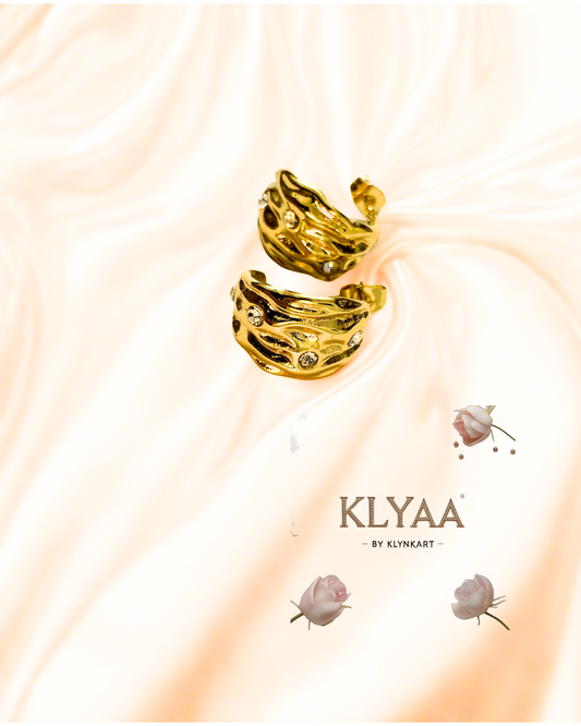 Aurora Luxe Crater anti-tarnish Stud Earrings by KLYAA – Molten Gold Half-Hoops with Crystal Embellishments