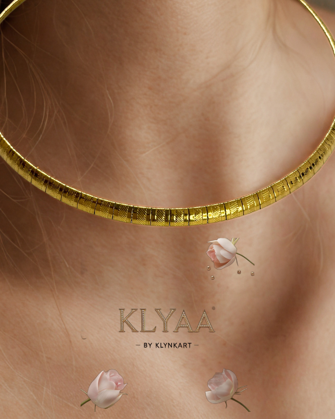 Elegant sculpted gold collar chain from KLYAA on model's neck