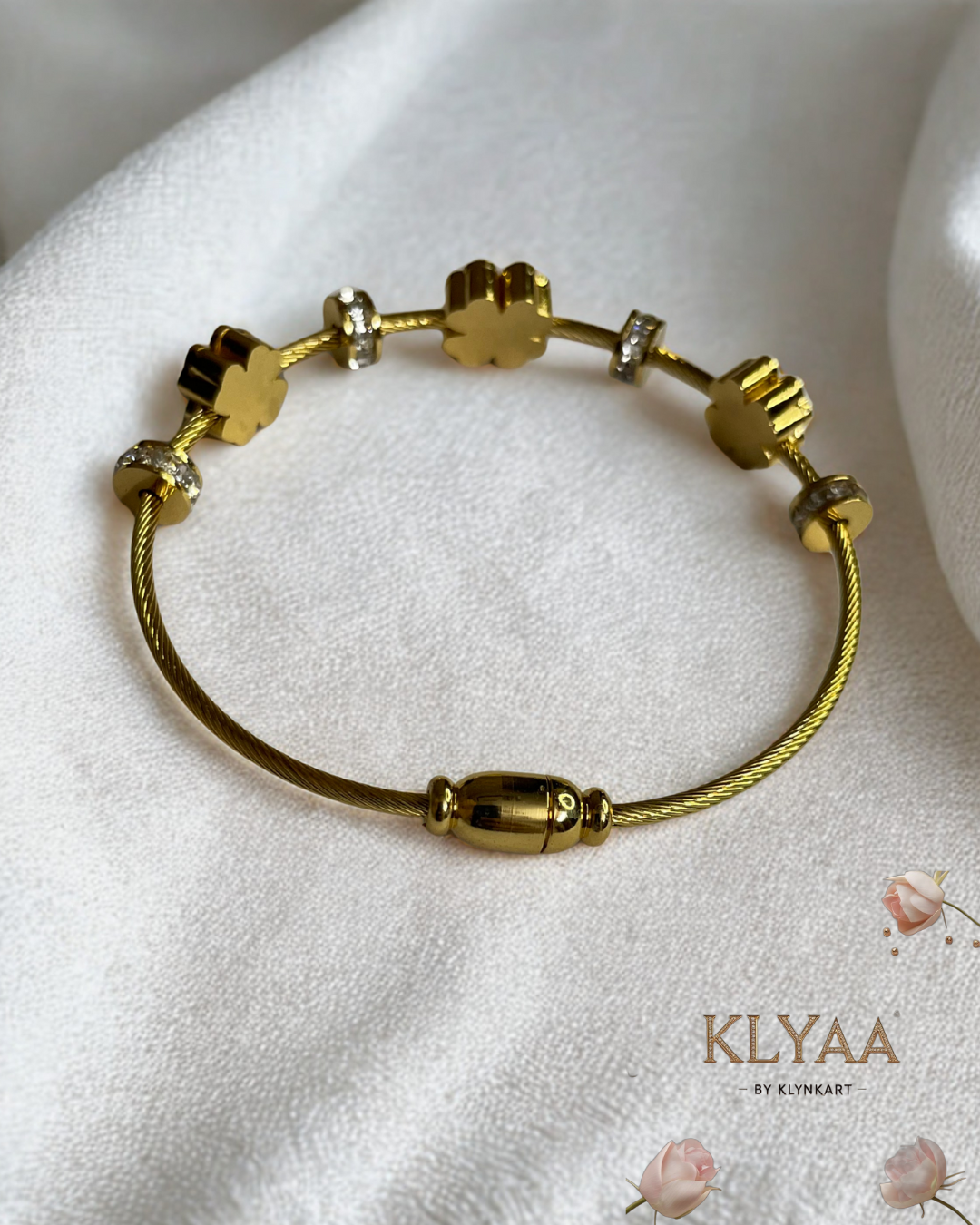 18K Gold Plated Anti-Tarnish Floral Charm Cable Bangle Bracelet by KLYAA
