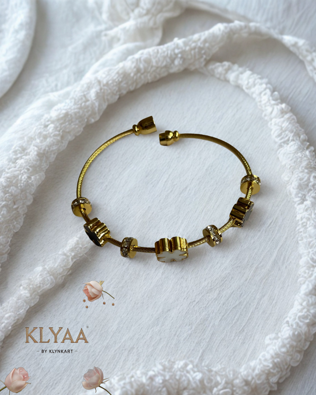 18K Gold Plated Anti-Tarnish Floral Charm Cable Bangle Bracelet by KLYAA