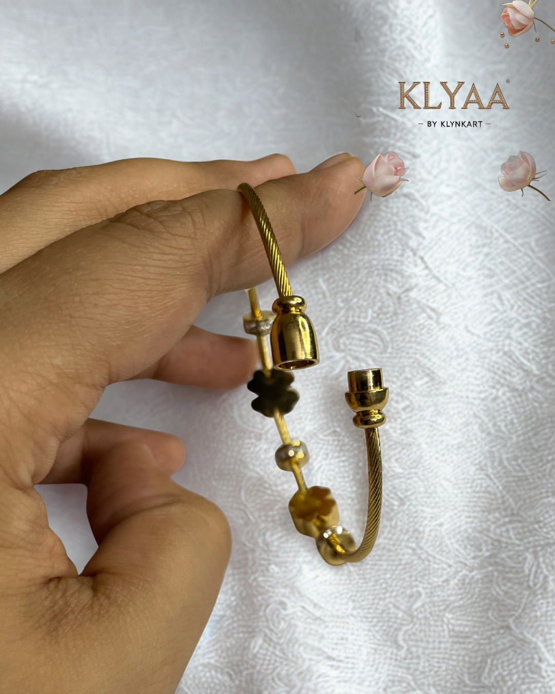 18K Gold Plated Anti-Tarnish Floral Charm Cable Bangle Bracelet by KLYAA