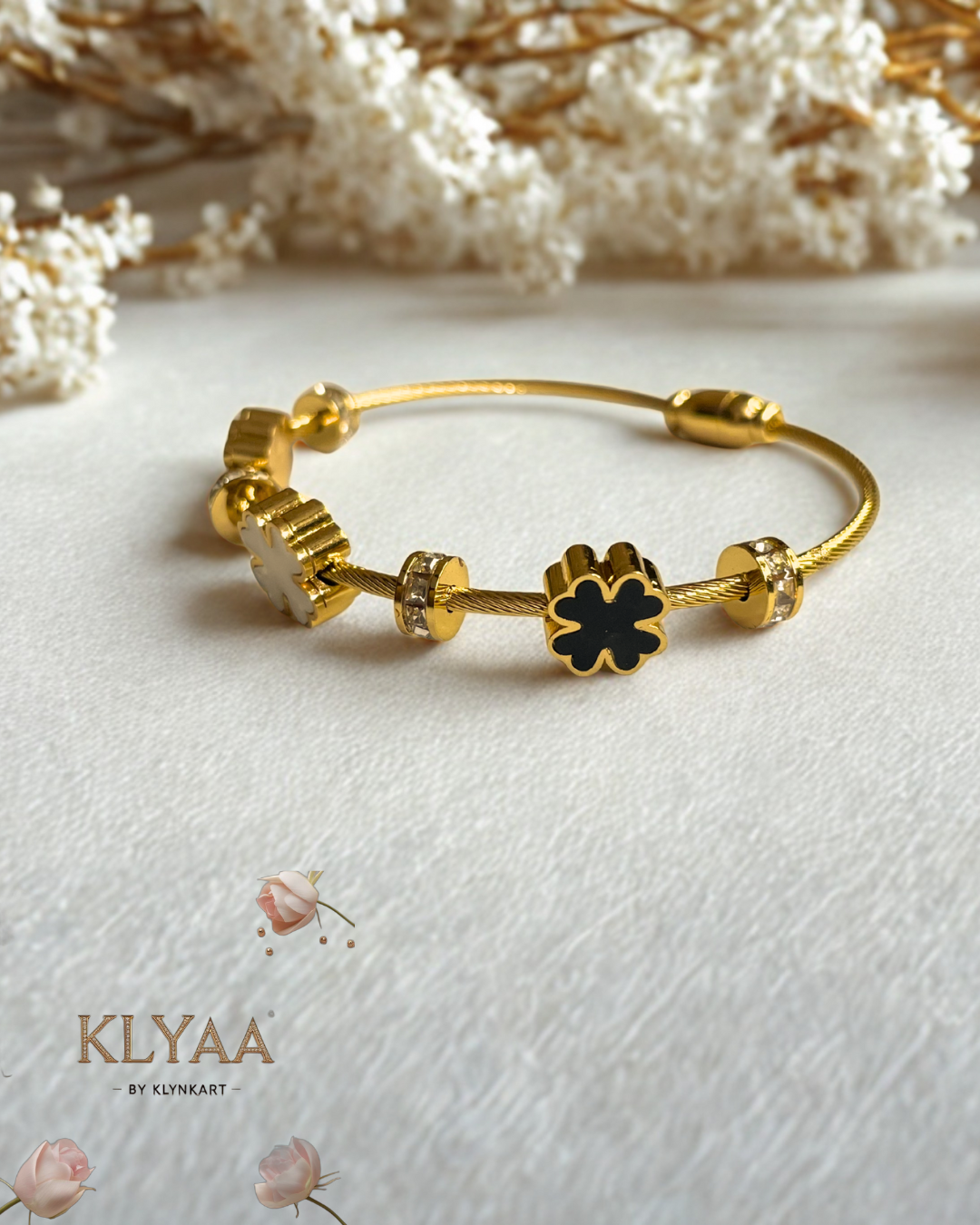 18K Gold Plated Anti-Tarnish Floral Charm Cable Bangle Bracelet by KLYAA