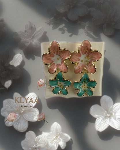 Anti-tarnish floral enamel stud earrings in pink and teal – KLYAA designer jewellery