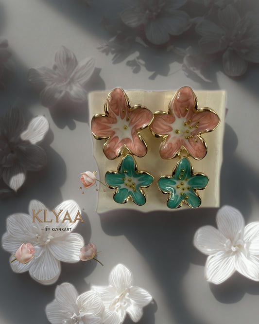 Anti-tarnish floral enamel stud earrings in pink and teal – KLYAA designer jewellery
