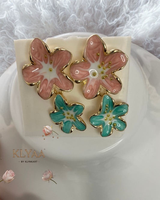 Anti-tarnish floral enamel stud earrings in pink and teal – KLYAA designer jewellery