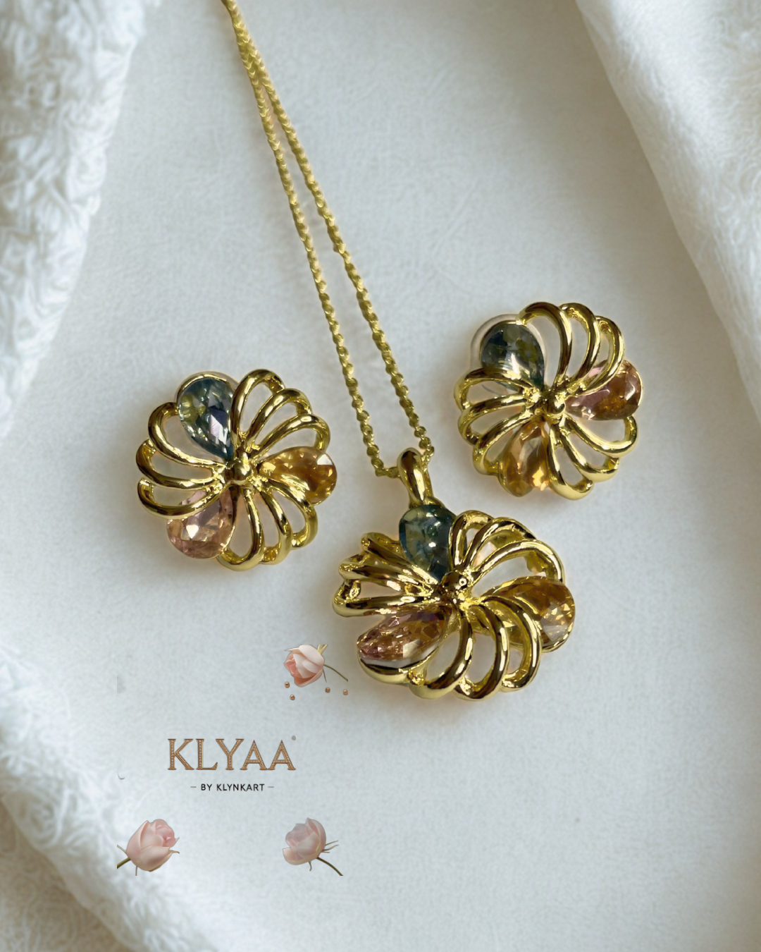 Gold floral pendant with pastel blue, lilac and champagne crystals, dual-tone chain, anti-tarnish finish by KLYAA – Signature Limited Edition
