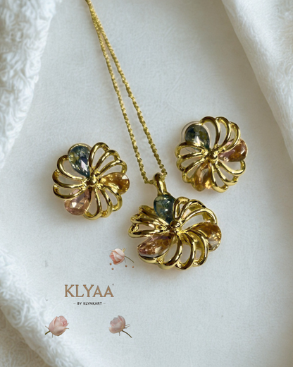 Gold floral pendant with pastel blue, lilac and champagne crystals, dual-tone chain, anti-tarnish finish by KLYAA – Signature Limited Edition