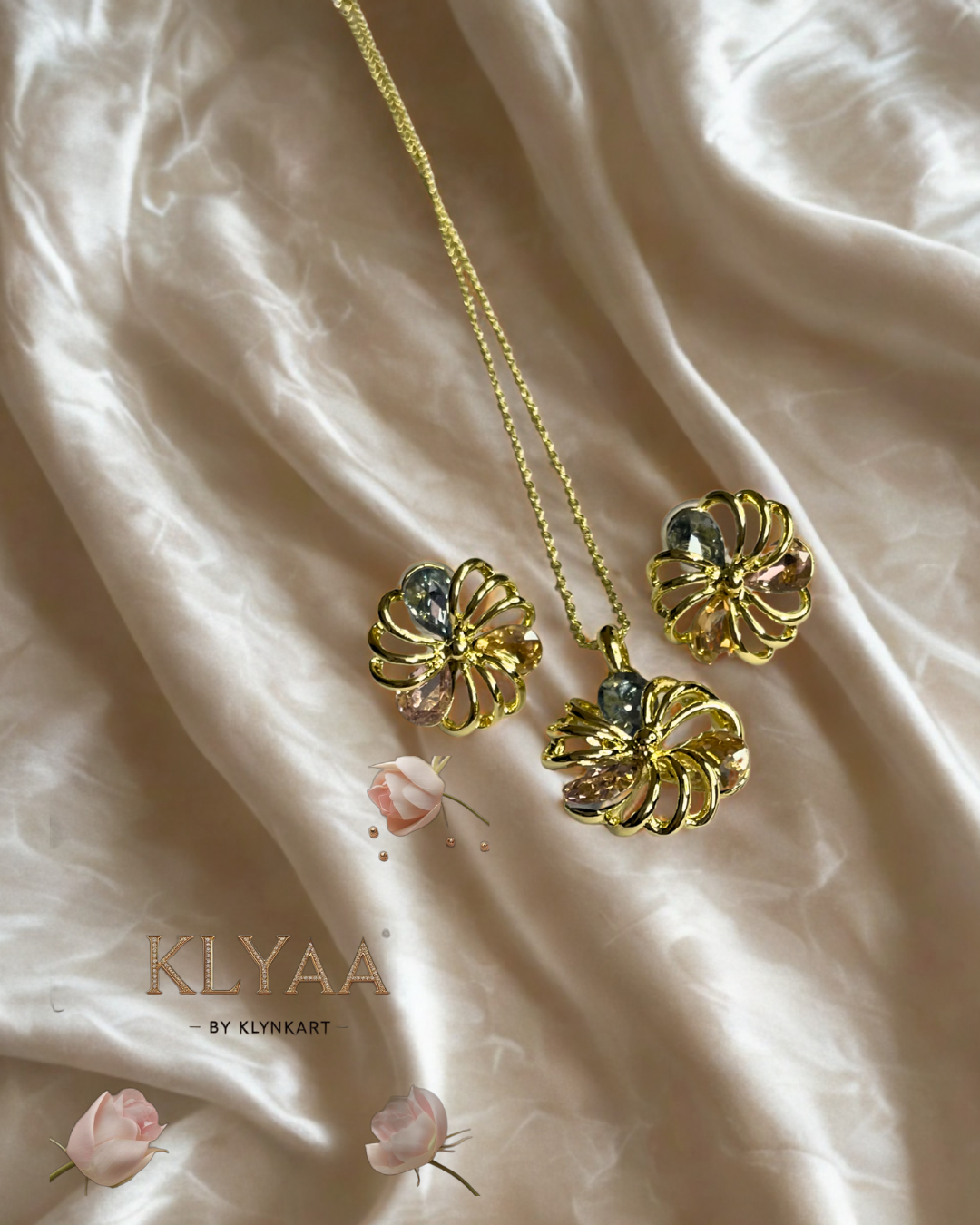 Gold floral pendant with pastel blue, lilac and champagne crystals, dual-tone chain, anti-tarnish finish by KLYAA – Signature Limited Edition