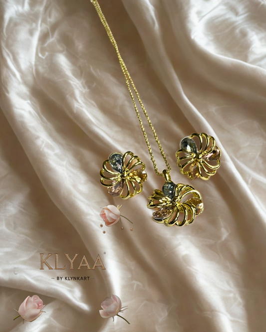 Gold floral pendant with pastel blue, lilac and champagne crystals, dual-tone chain, anti-tarnish finish by KLYAA – Signature Limited Edition