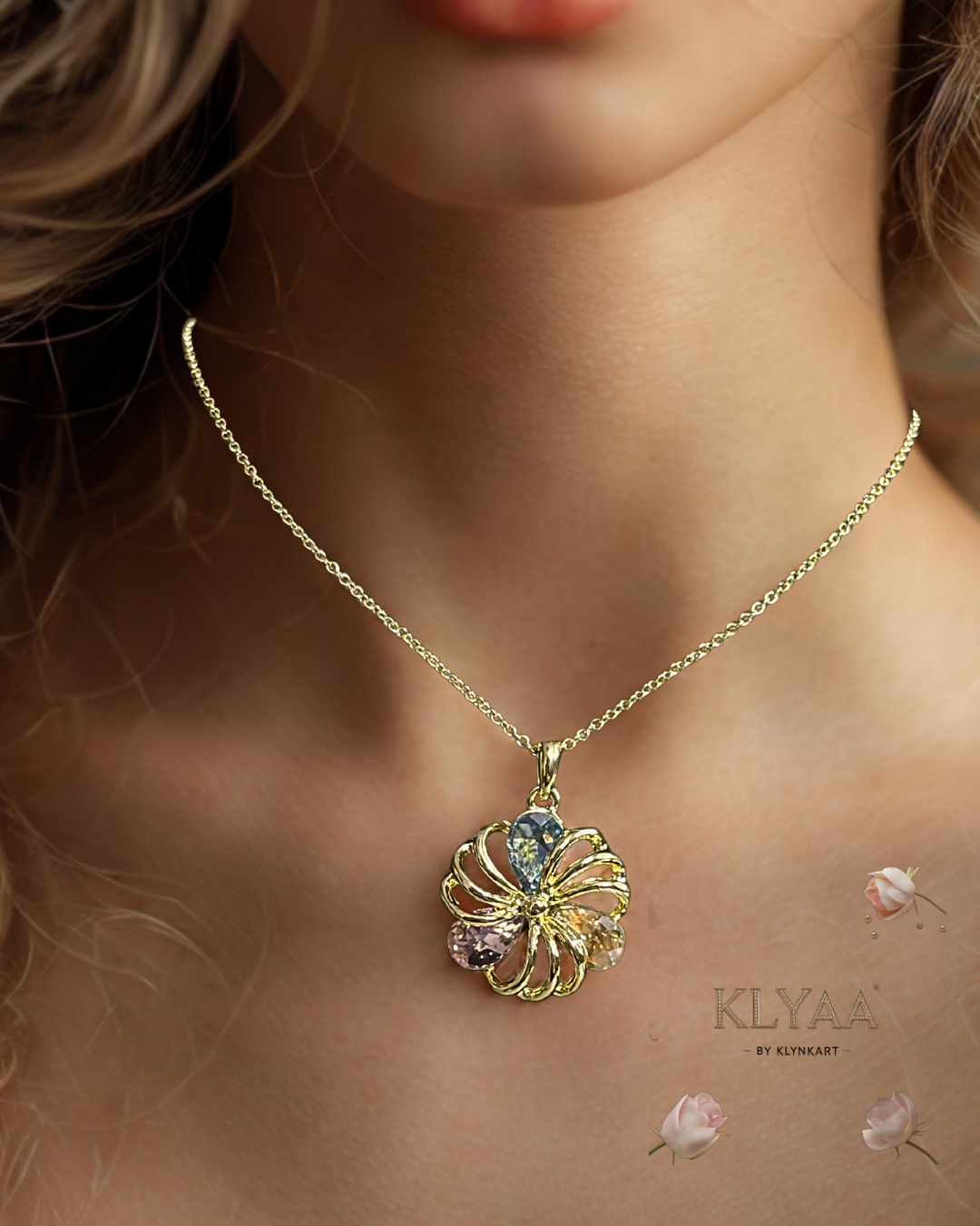 Gold floral pendant with pastel blue, lilac and champagne crystals, dual-tone chain, anti-tarnish finish by KLYAA – Signature Limited Edition