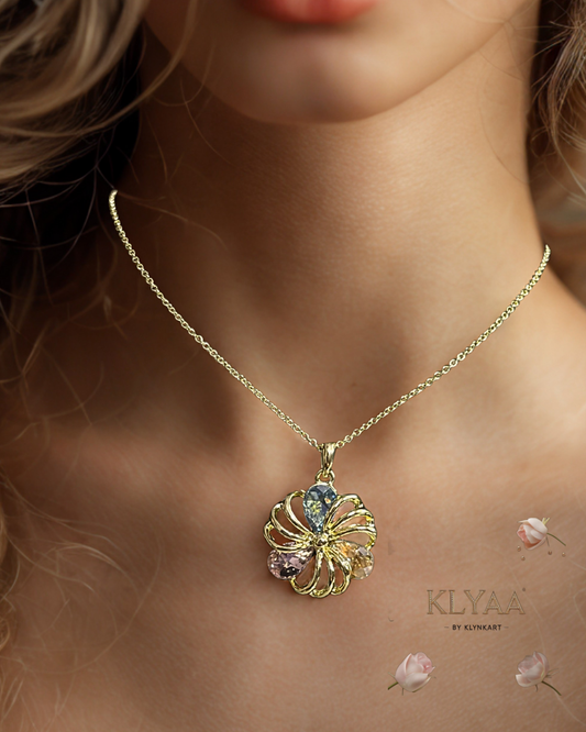 Gold floral pendant with pastel blue, lilac and champagne crystals, dual-tone chain, anti-tarnish finish by KLYAA – Signature Limited Edition