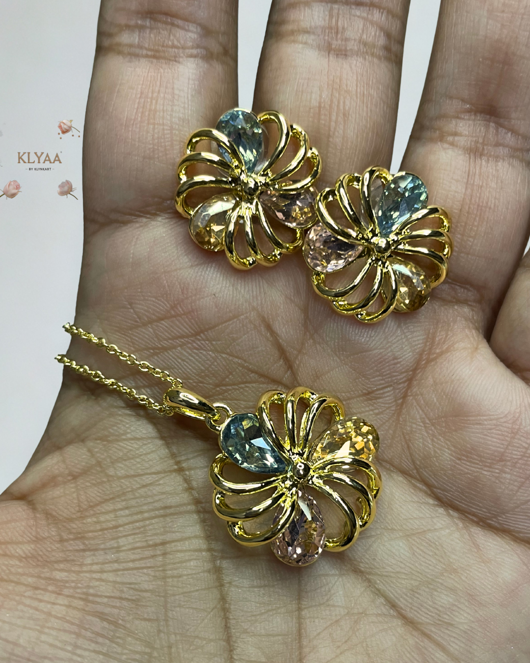 Gold floral pendant with pastel blue, lilac and champagne crystals, dual-tone chain, anti-tarnish finish by KLYAA – Signature Limited Edition
