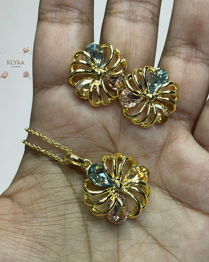 Gold floral pendant with pastel blue, lilac and champagne crystals, dual-tone chain, anti-tarnish finish by KLYAA – Signature Limited Edition
