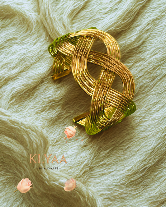 Gold plated braided adjustable kada – textured anti-tarnish cuff bracelet by KLYAA