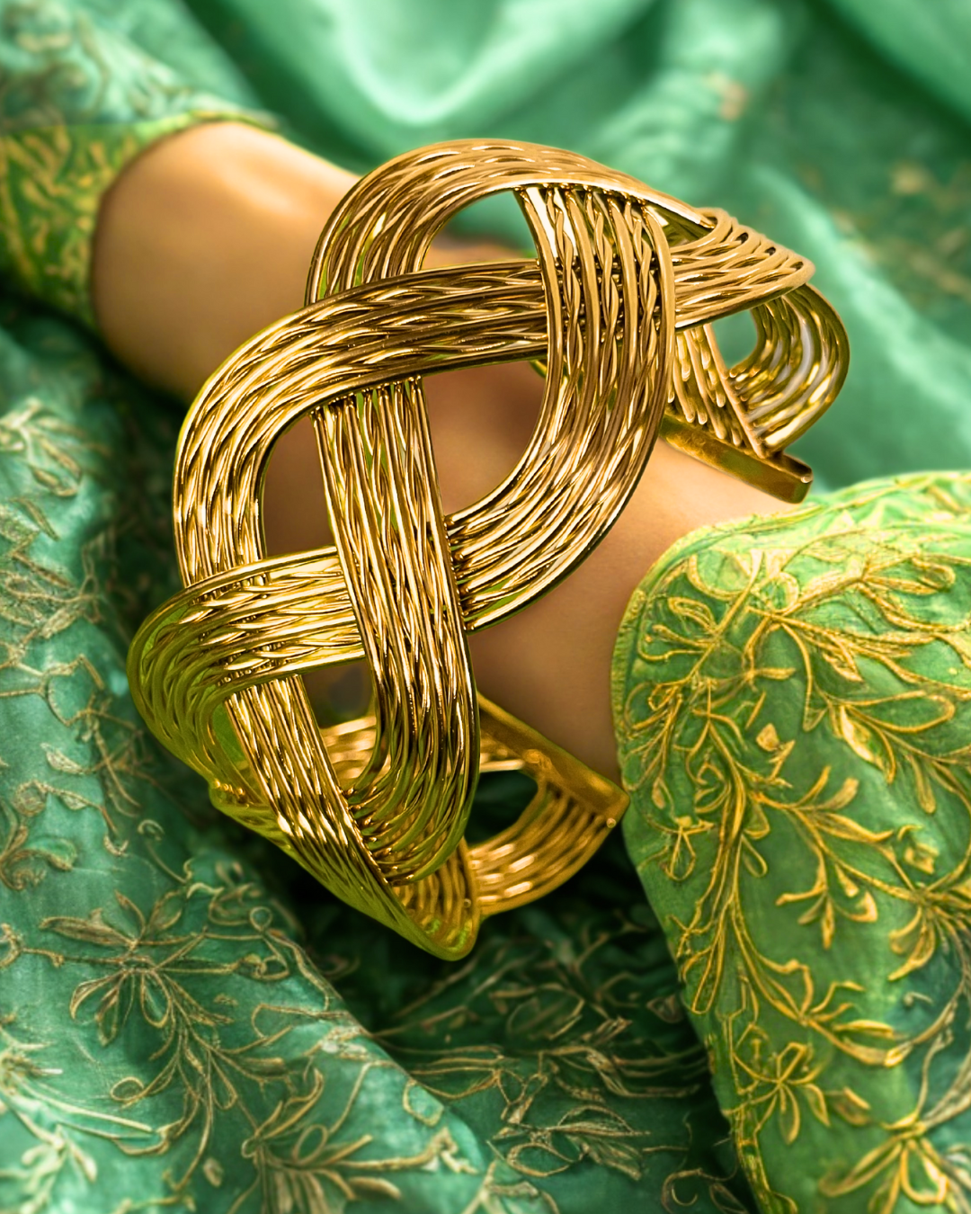 Gold plated braided adjustable kada – textured anti-tarnish cuff bracelet by KLYAA