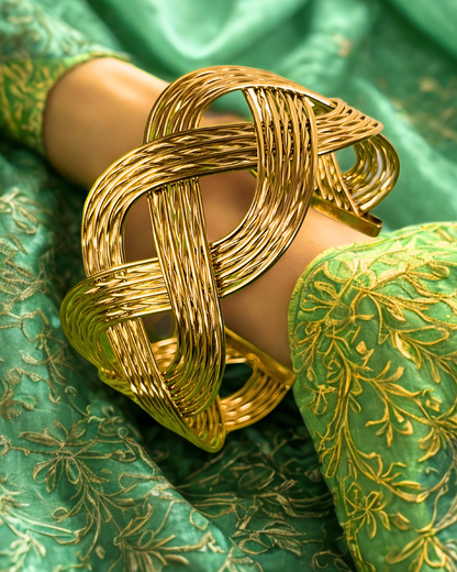 Gold plated braided adjustable kada – textured anti-tarnish cuff bracelet by KLYAA