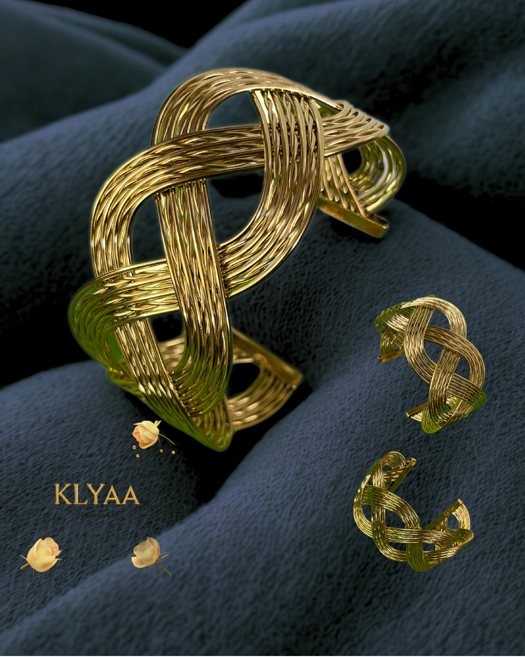 Gold plated braided adjustable kada – textured anti-tarnish cuff bracelet by KLYAA