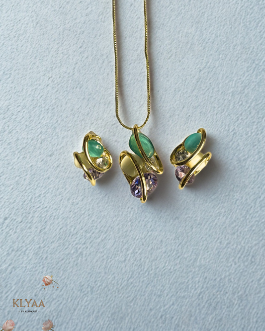 Celestia Flutter butterfly-shaped pendant and earrings with pastel crystals and 18K gold plating by KLYAA, Signature Collection