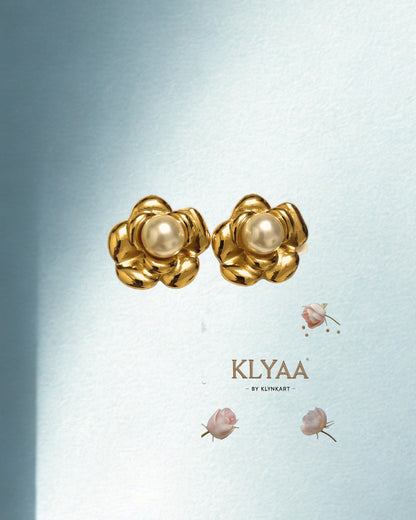 Celestia Pearl Bloom Anti-Tarnish gold floral stud earrings with pearl centre KLYAA