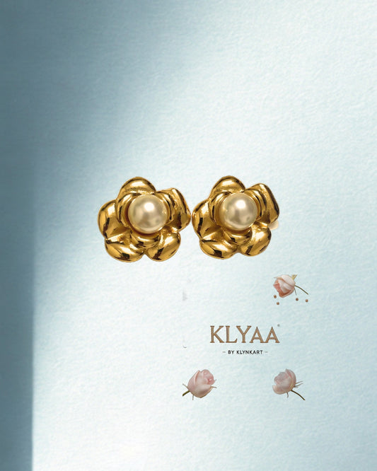 Celestia Pearl Bloom Anti-Tarnish gold floral stud earrings with pearl centre KLYAA