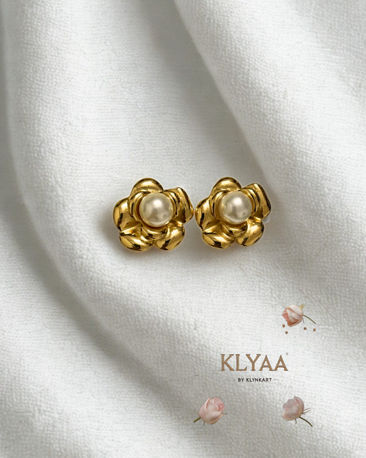 Celestia Pearl Bloom Anti-Tarnish gold floral stud earrings with pearl centre KLYAA