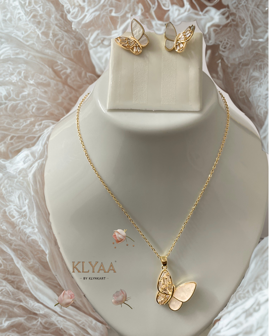 KLYAA Celestial Butterfly Pendant Set with Crystal and Pearl Detailing in Anti-Tarnish Gold Finish