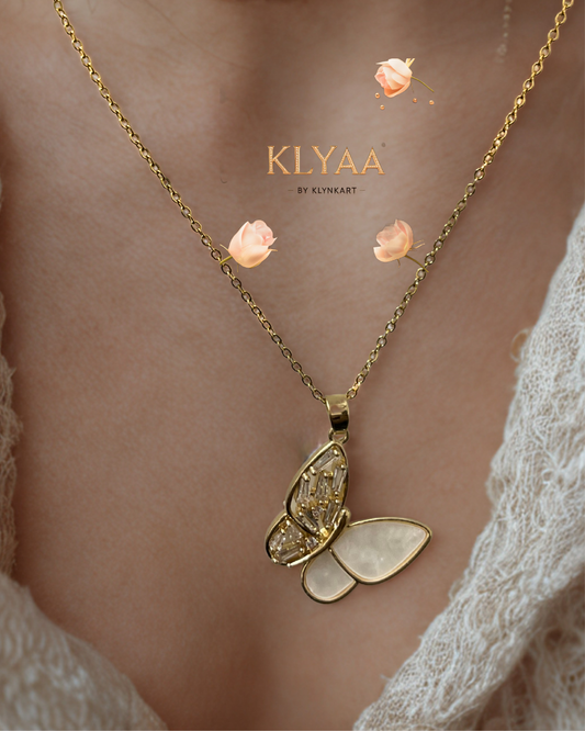 KLYAA Celestial Butterfly Pendant Set with Crystal and Pearl Detailing in Anti-Tarnish Gold Finish