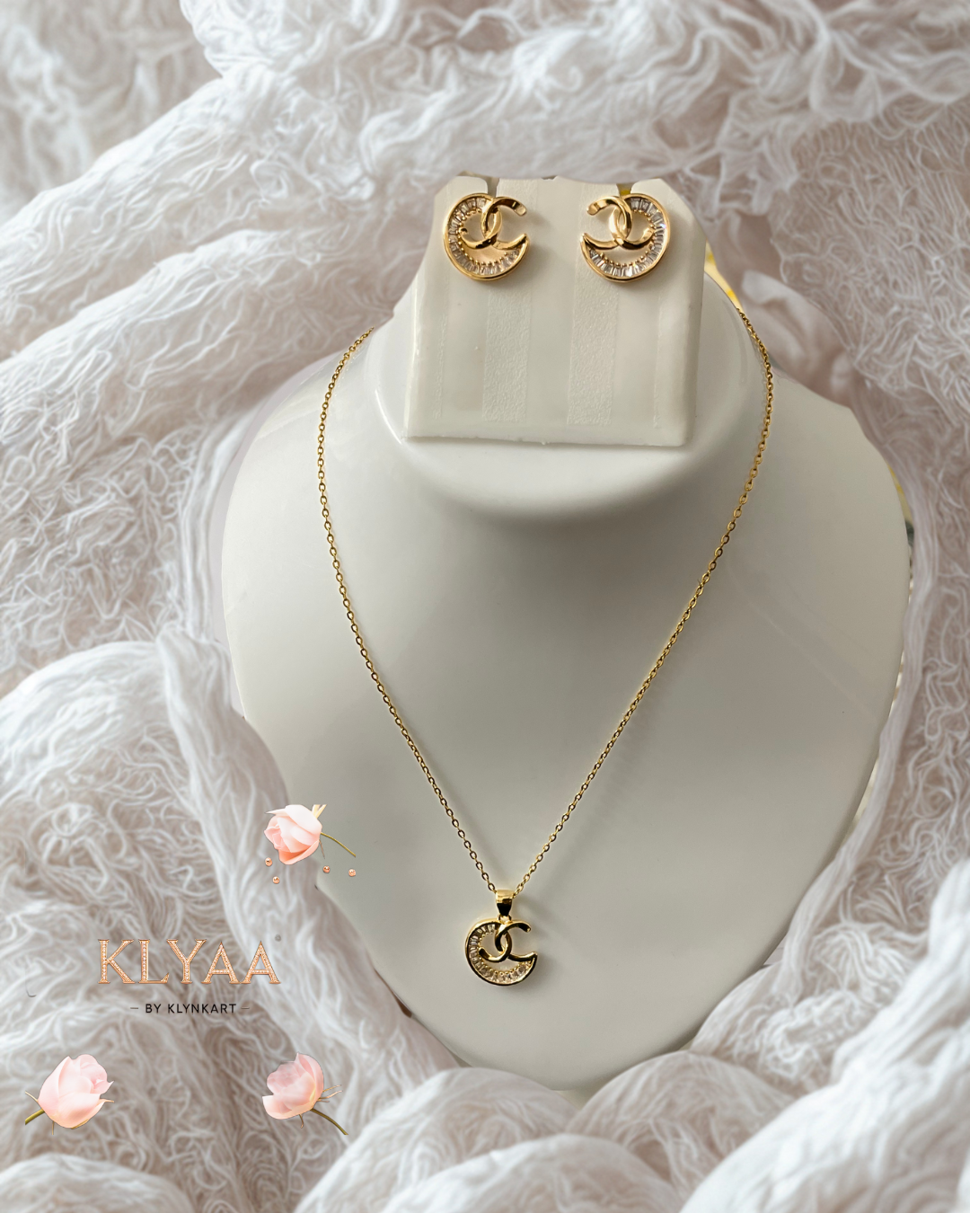 KLYAA Celestial Charm Pendant Set with Crescent Moon Pendant and Stud Earrings in Anti-Tarnish Gold Finish