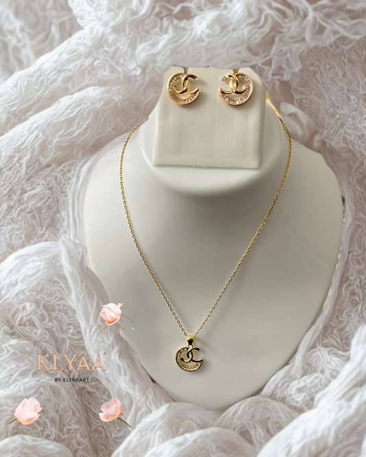 KLYAA Celestial Charm Pendant Set with Crescent Moon Pendant and Stud Earrings in Anti-Tarnish Gold Finish