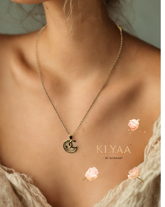 KLYAA Celestial Charm Pendant Set with Crescent Moon Pendant and Stud Earrings in Anti-Tarnish Gold Finish