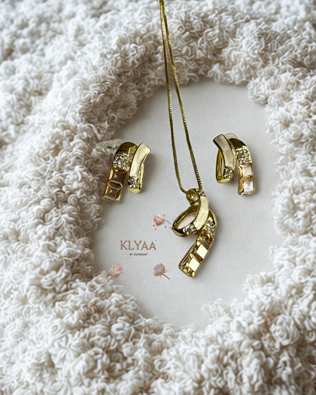 Signature pendant set with champagne and white crystals, dual-tone chain, and gold finish by KLYAA – anti-tarnish limited edition jewellery