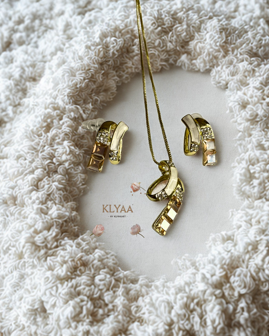 Signature pendant set with champagne and white crystals, dual-tone chain, and gold finish by KLYAA – anti-tarnish limited edition jewellery