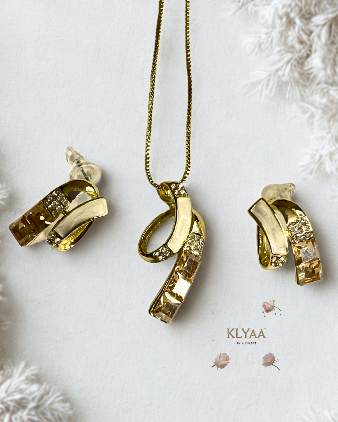 Signature pendant set with champagne and white crystals, dual-tone chain, and gold finish by KLYAA – anti-tarnish limited edition jewellery