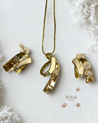 Signature pendant set with champagne and white crystals, dual-tone chain, and gold finish by KLYAA – anti-tarnish limited edition jewellery