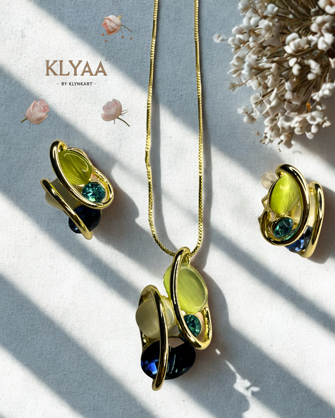 Elysian Swirl crystal pendant set with abstract multi-stone design in dual-tone chain – Signature limited edition jewellery by KLYAA