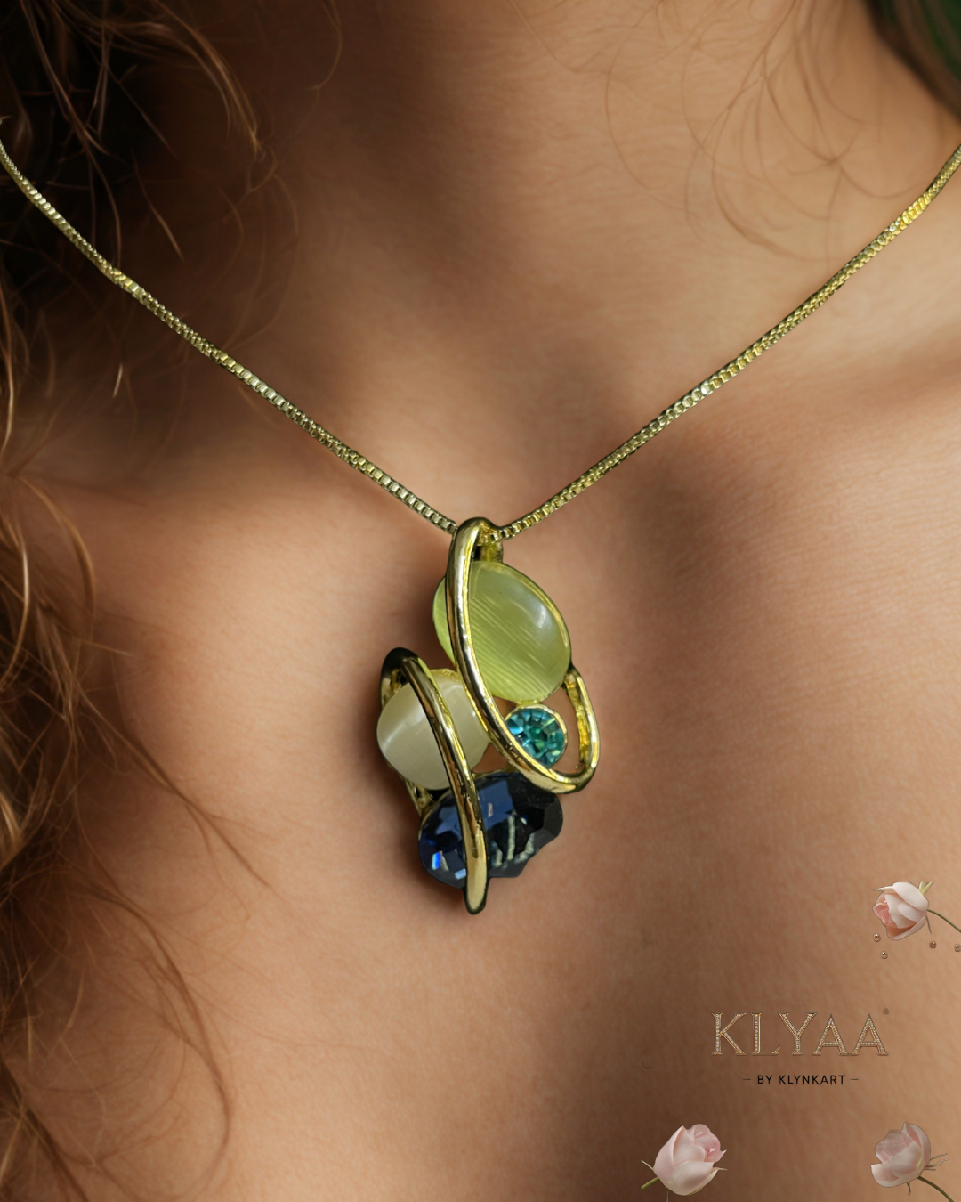 Elysian Swirl crystal pendant set with abstract multi-stone design in dual-tone chain – Signature limited edition jewellery by KLYAA
